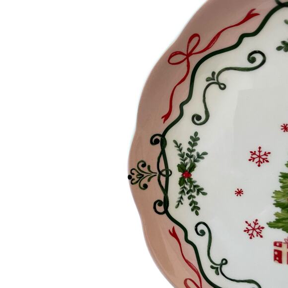 4 Potter's Studio CHRISTMAS TREE PINK Salad Plates 9in Ceramic Bows Holiday New - Picture 10 of 16
